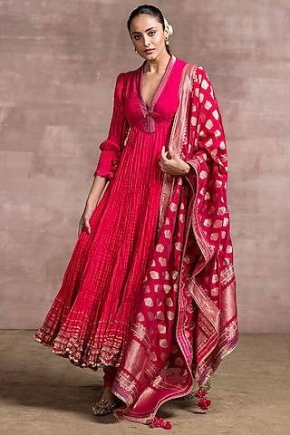 fuchsia silk crinkle brocade long kurta set