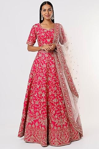 fuchsia silk embellished lehenga set