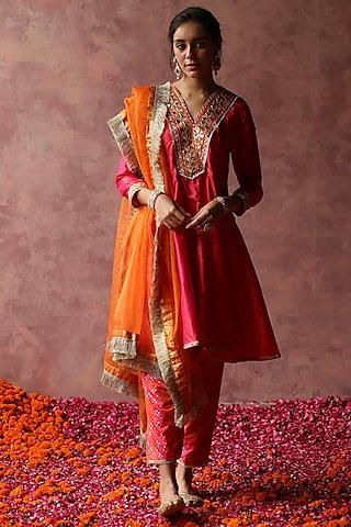 fuchsia silk embellished short kurta set