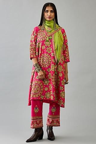 fuchsia silk embroidered a-line kurta set