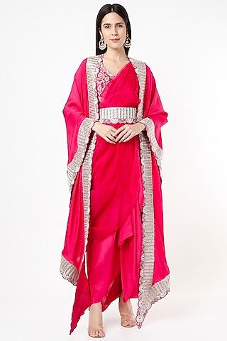 fuchsia silk embroidered cape set