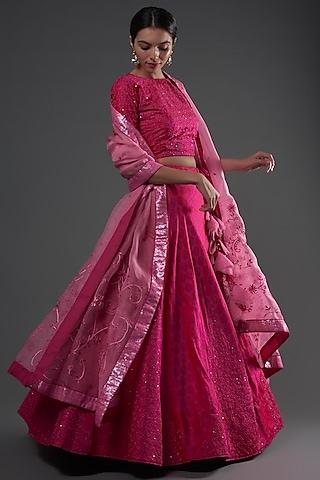 fuchsia silk embroidered lucknowi lehenga set