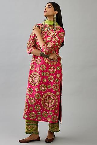 fuchsia silk embroidered straight kurta set