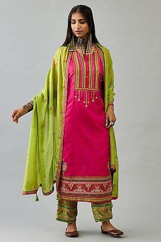 fuchsia silk embroidered straight kurta set