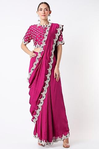 fuchsia silk hand embroidered draped skirt saree set