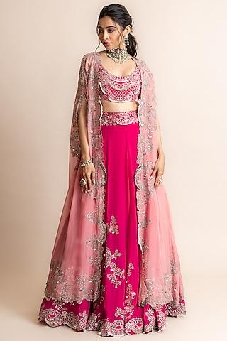 fuchsia silk hand embroidered jacket lehenga set