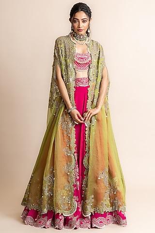 fuchsia silk hand embroidered jacket lehenga set