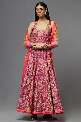 fuchsia silk kalidar anarkali set