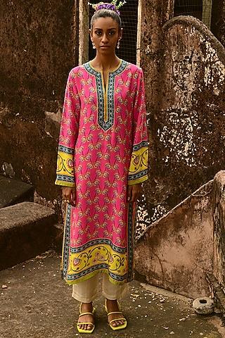 fuchsia silk kurta set