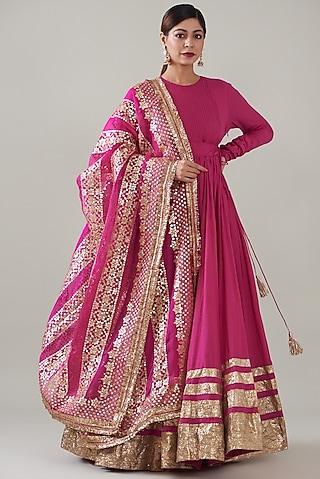 fuchsia silk organza & lampi anarkali set