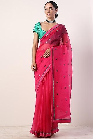 fuchsia silk organza embroidered saree set