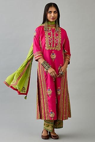 fuchsia silk side paneled straight kurta set