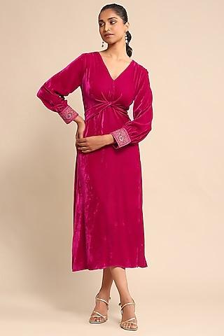 fuchsia silk velvet midi dress