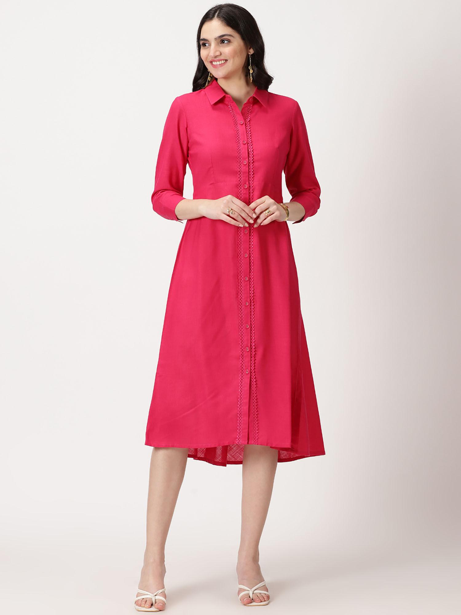 fuchsia solid lace work placket midi shirt dress