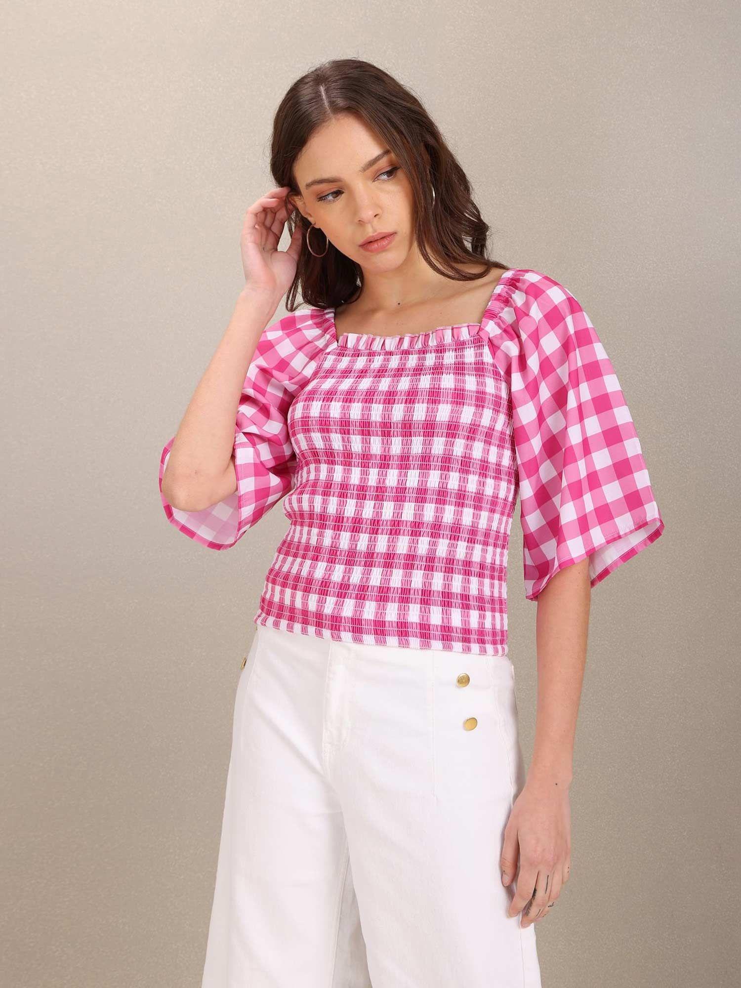 fuchsia square neck gingham check smocked top