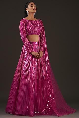 fuchsia striped & tulle lehenga set