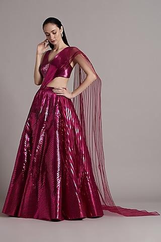 fuchsia striped tulle lehenga set