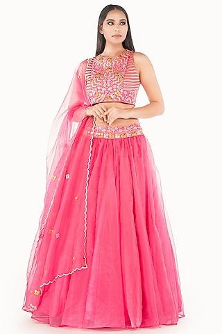 fuchsia thread embroidered lehenga set