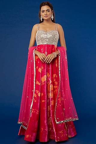 fuchsia tie-dyed & embroidered anarkali set