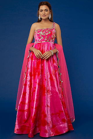 fuchsia tie-dyed anarkali set