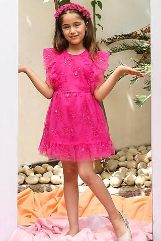 fuchsia tulle embroidered dress for girls