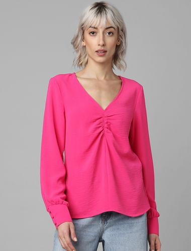 fuchsia v-neck gathered top