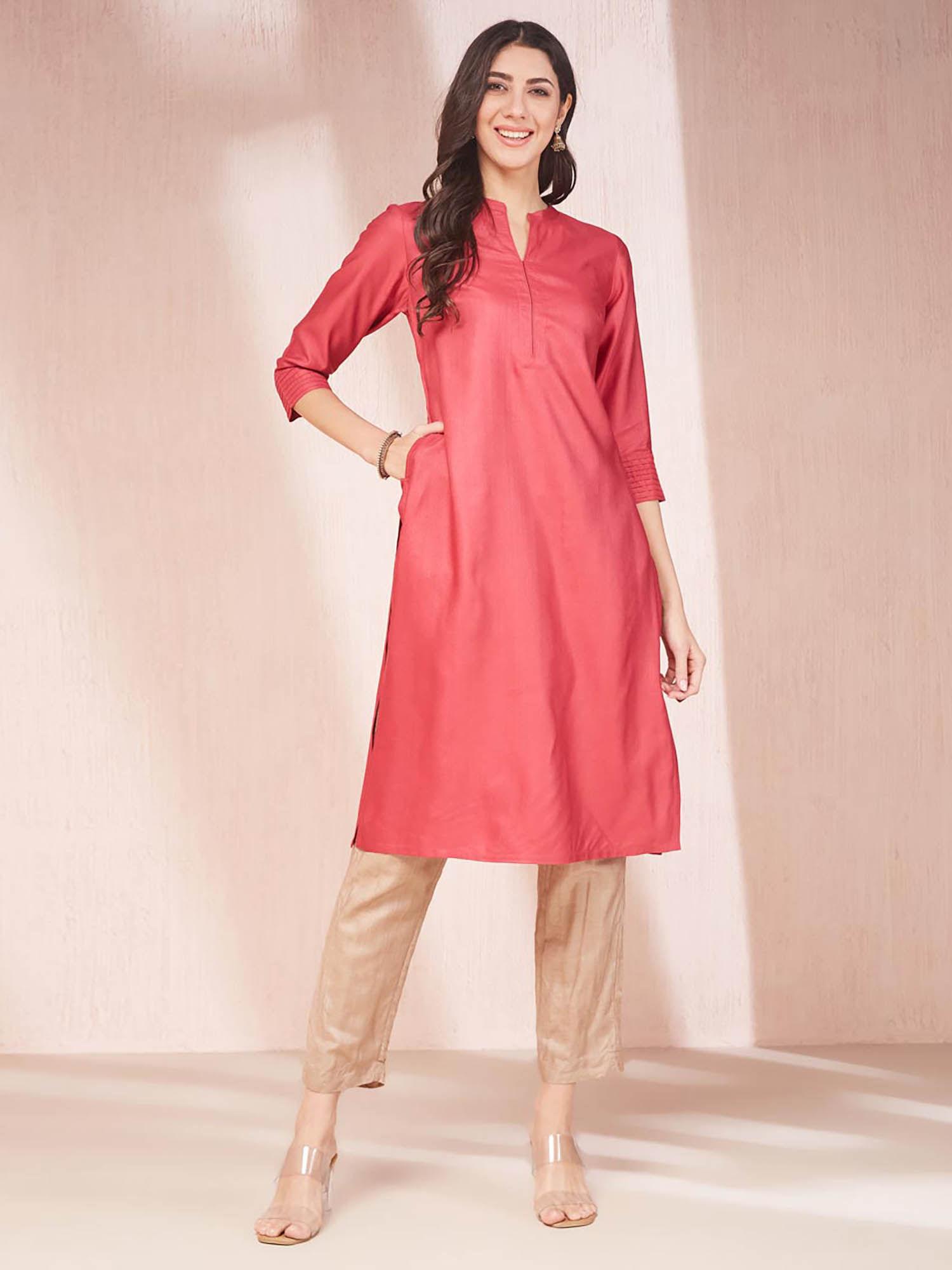 fuchsia viscose silk calf length long kurta