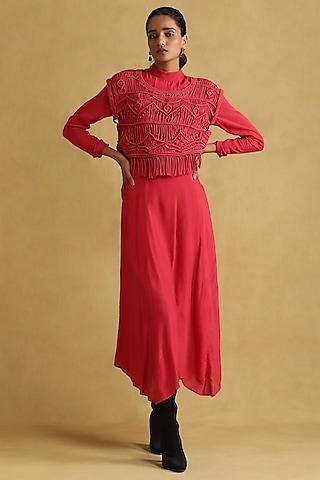 fuchsia viscose silk dress with macrame top