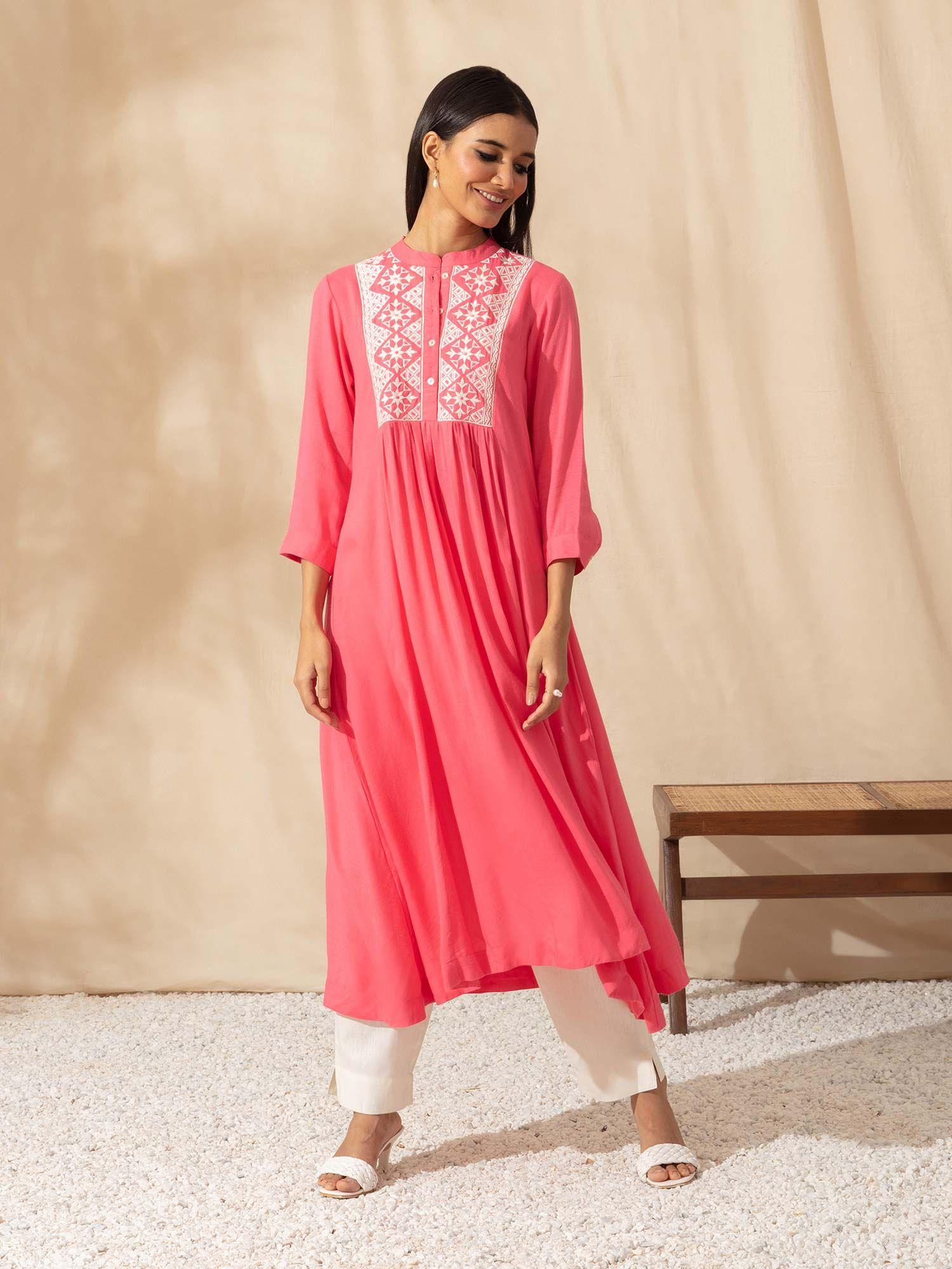 fuchsia yoke embroidered gathered panel dress likkur92