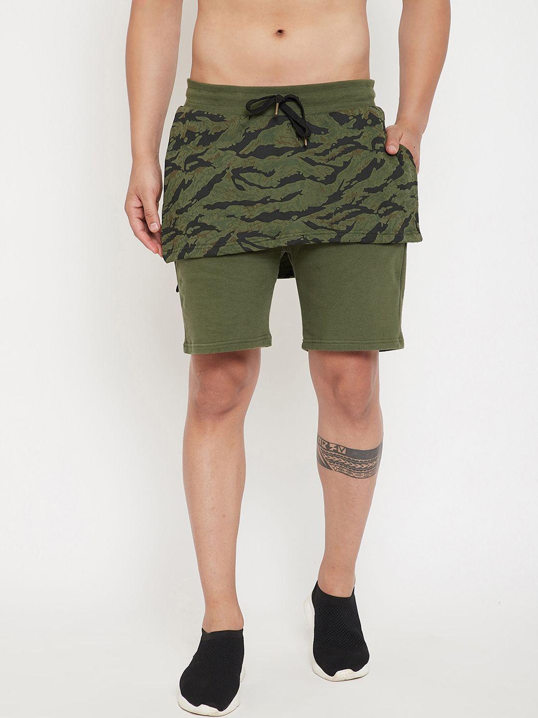 fugazee men olive green & black printed slim fit layered pure cotton regular shorts