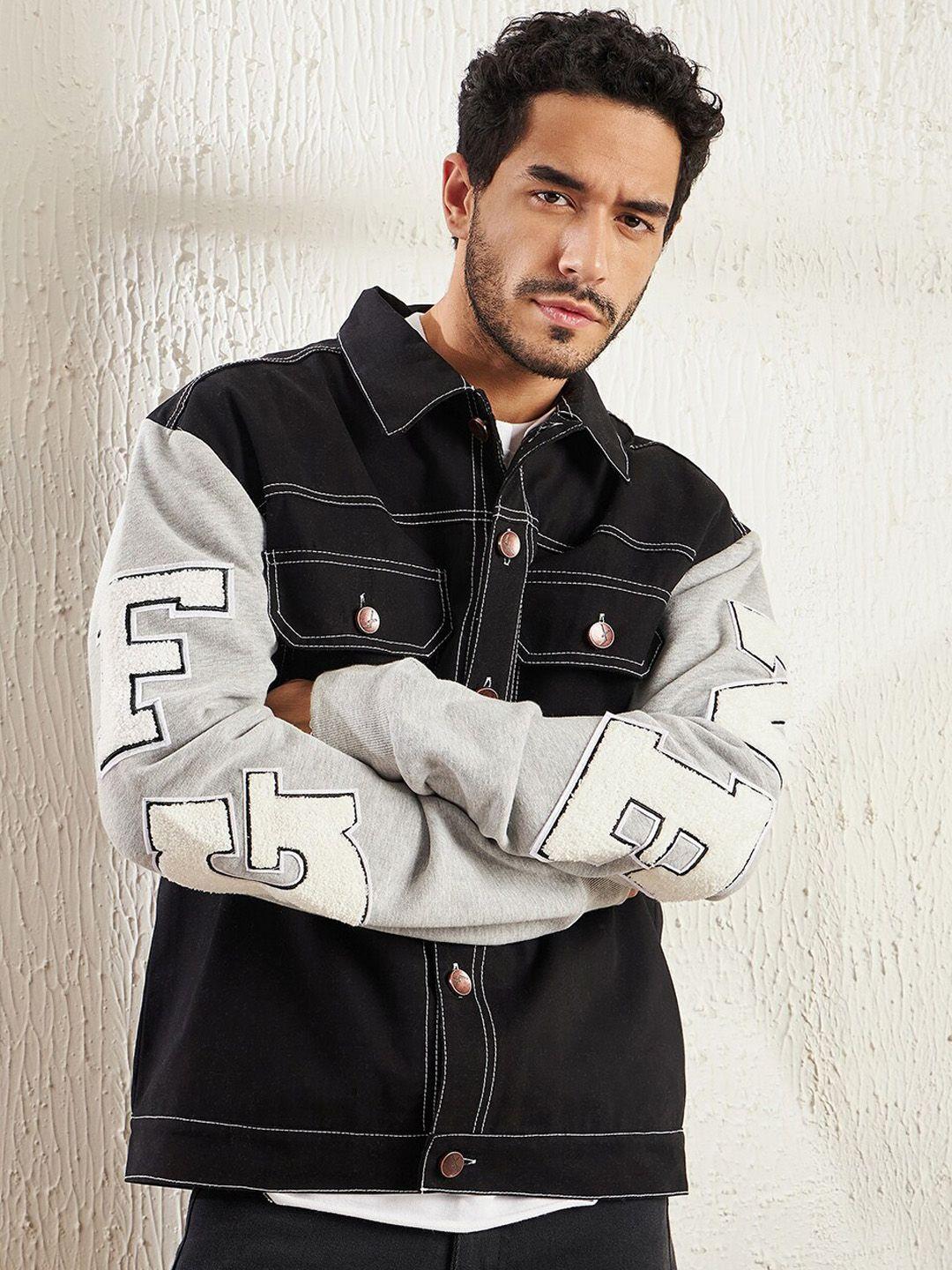 fugazee black & grey letterman contrast stitch cotton denim jacket
