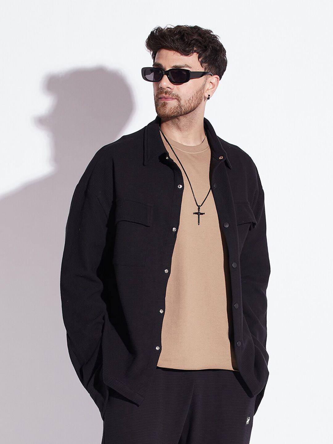 fugazee black relaxed oversized spread collar cotton casual shirt