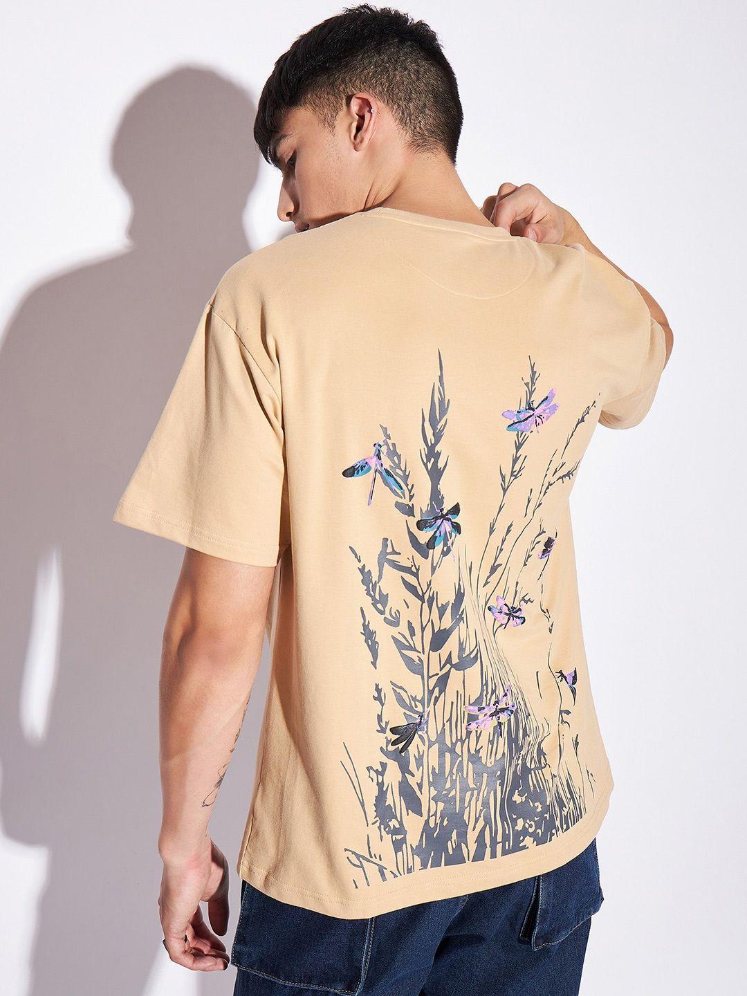 fugazee cream coloured graphic printed drop shoulder sleeves pure cotton oversized t-shirt