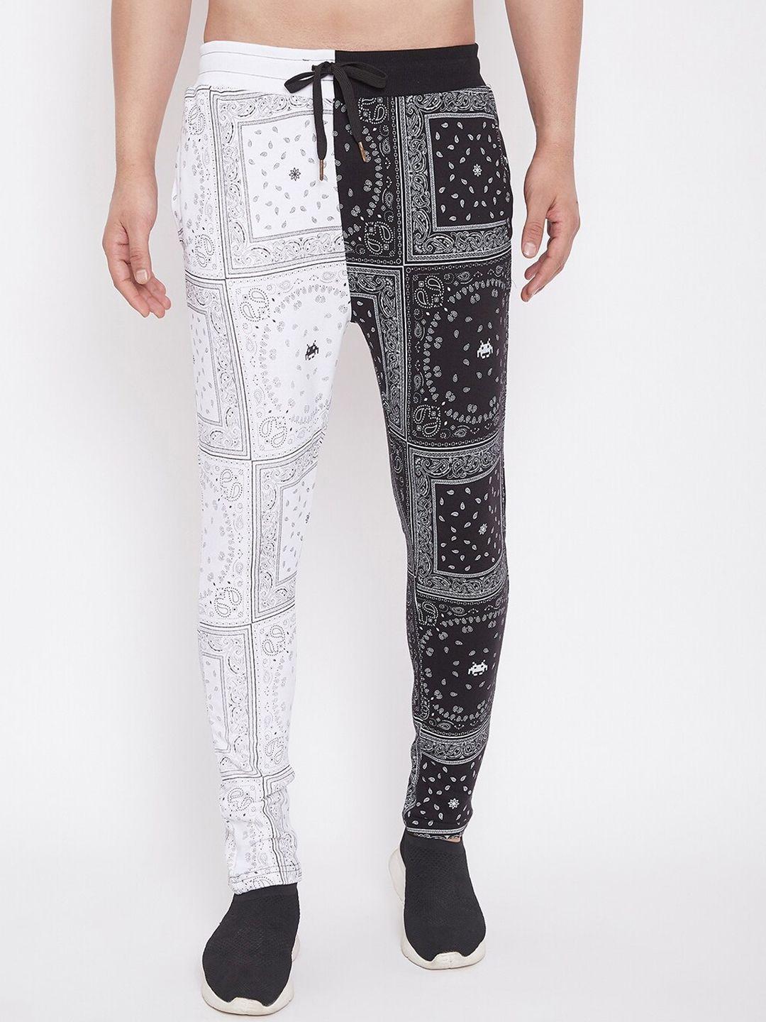 fugazee men 50/50 black & white  paisley printed slim-fit track pants