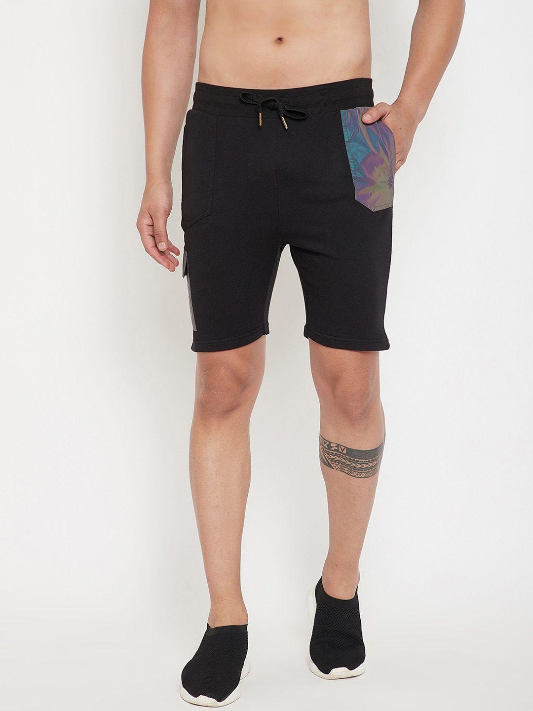 fugazee men black & blue colourblocked slim fit sports cotton shorts