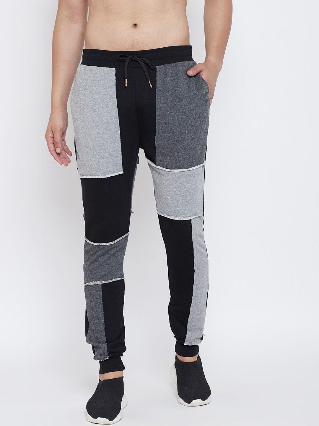 fugazee men black & grey colourblocked slim fit joggers