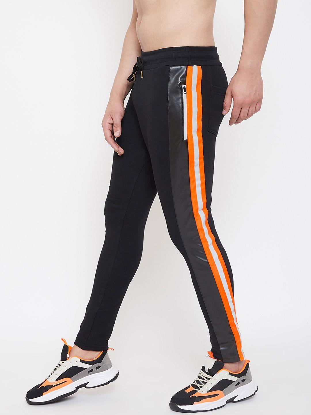 fugazee men black & orange colourblocked slim-fit reflective joggers