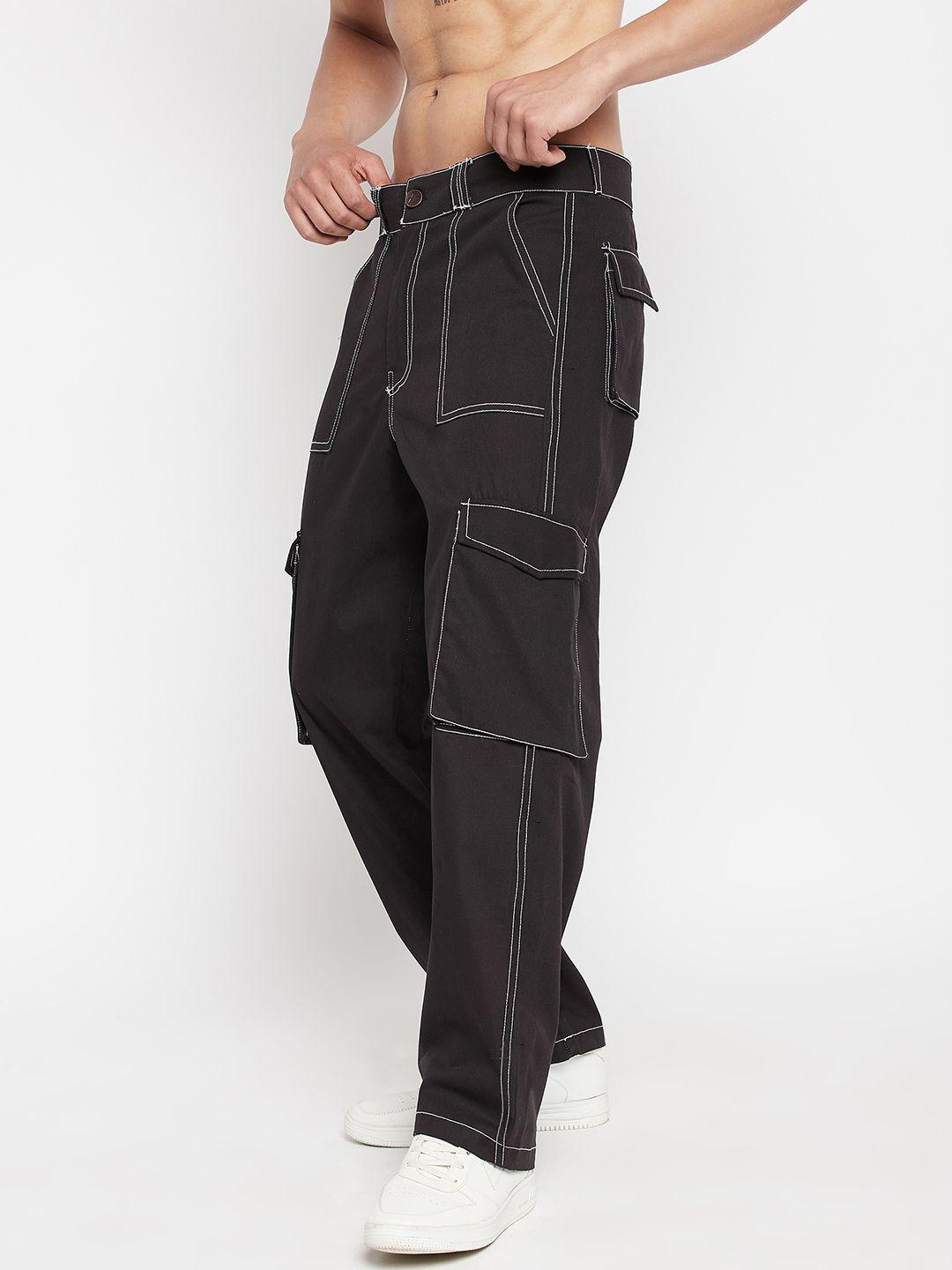 fugazee men black relaxed loose fit cargos trousers