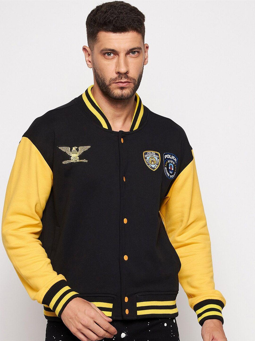 fugazee men black yellow cotton colourblocked bomber with patchwork jacket