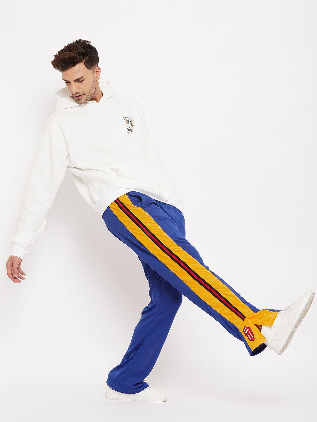 fugazee men blue & yellow solid printed boot-cut track pants