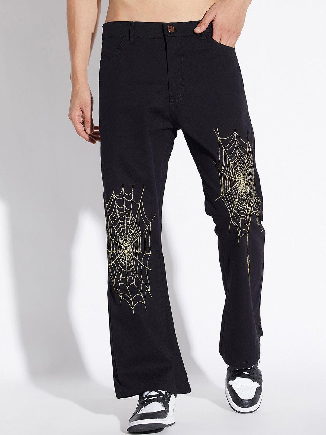 fugazee men embroidered relaxed loose fit cotton trousers