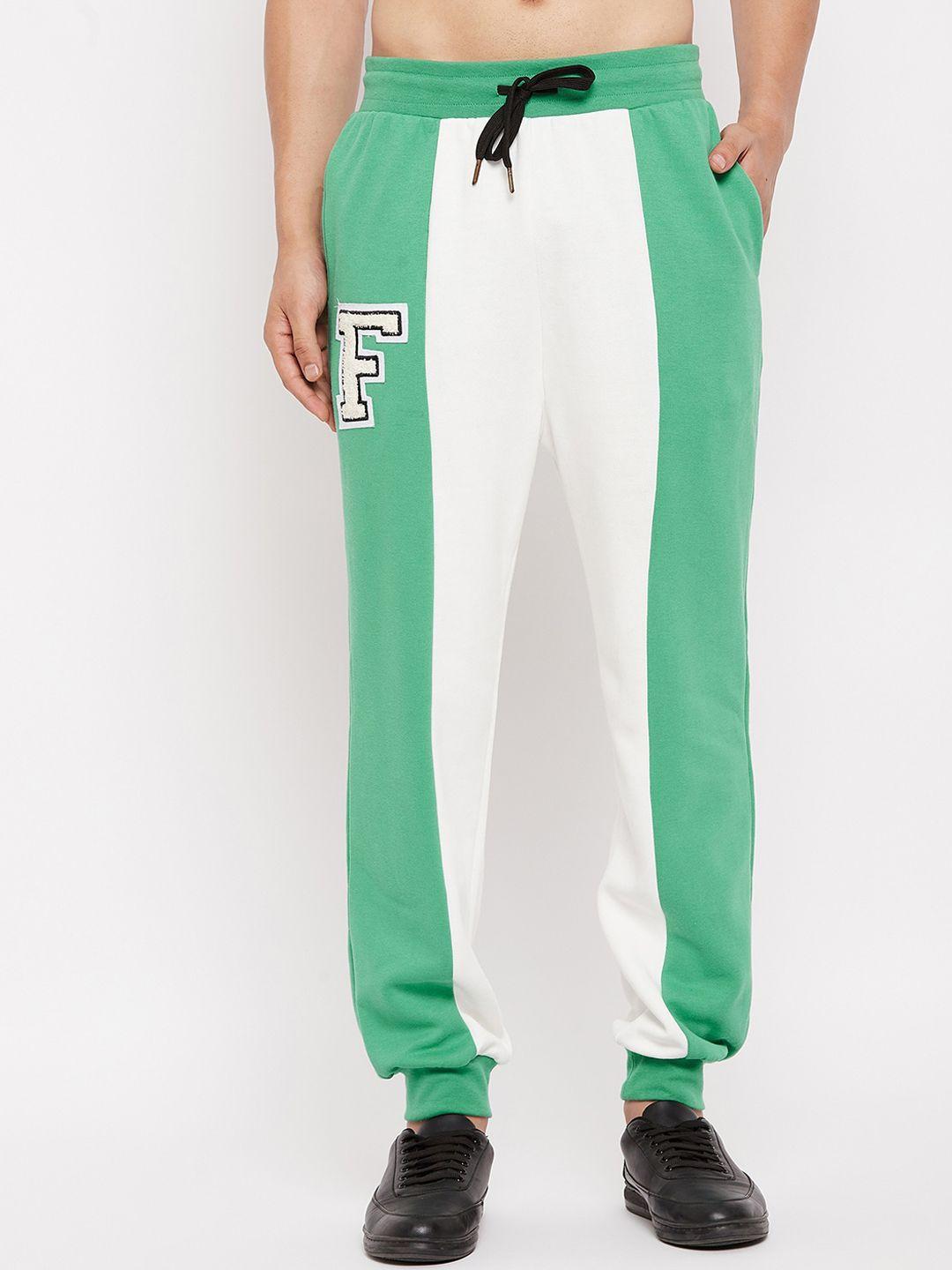 fugazee men green & white colourblocked pure cotton relaxed-fit joggers