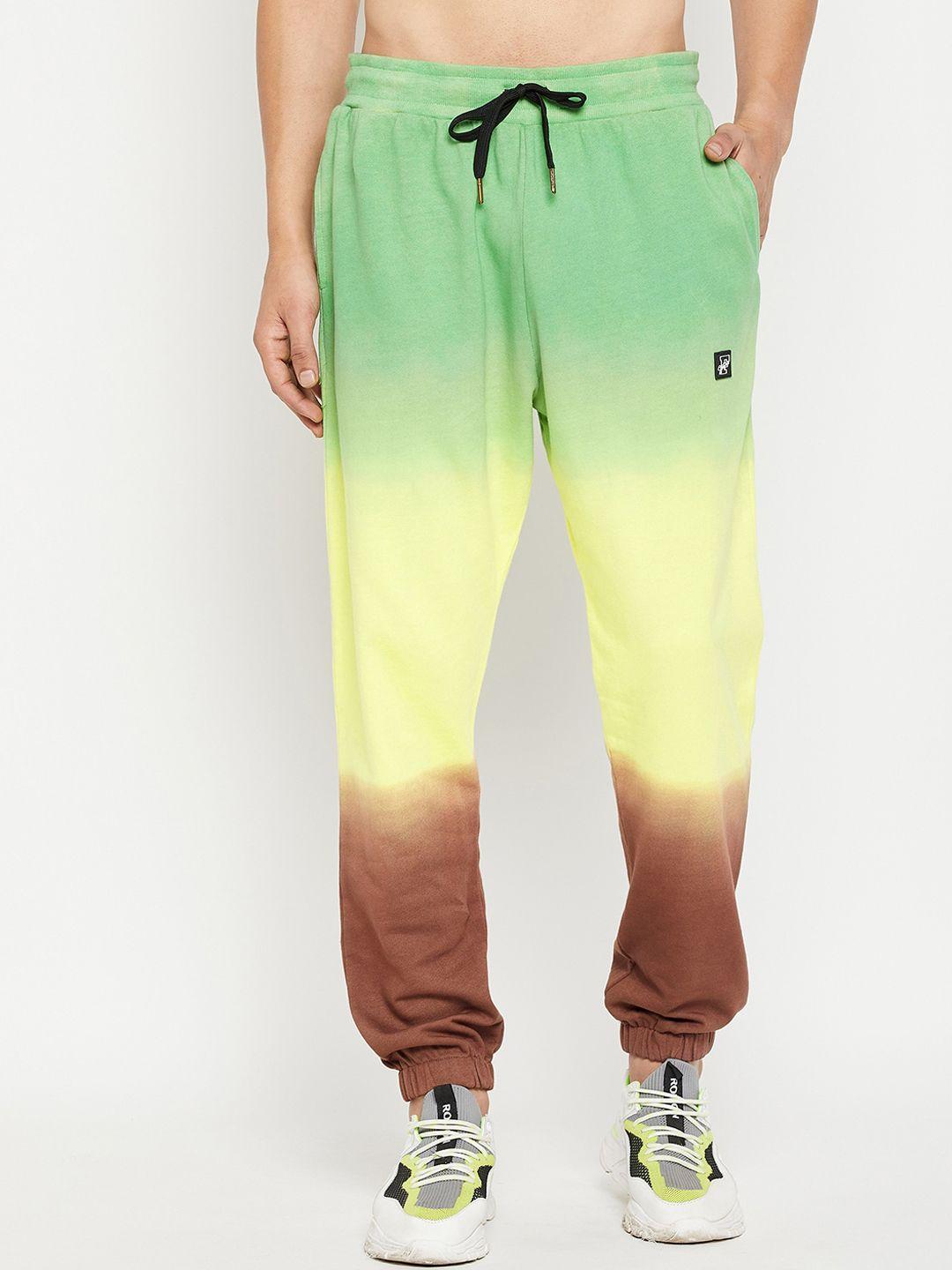 fugazee men green & yellow colourblocked relaxed-fit pure cotton joggers