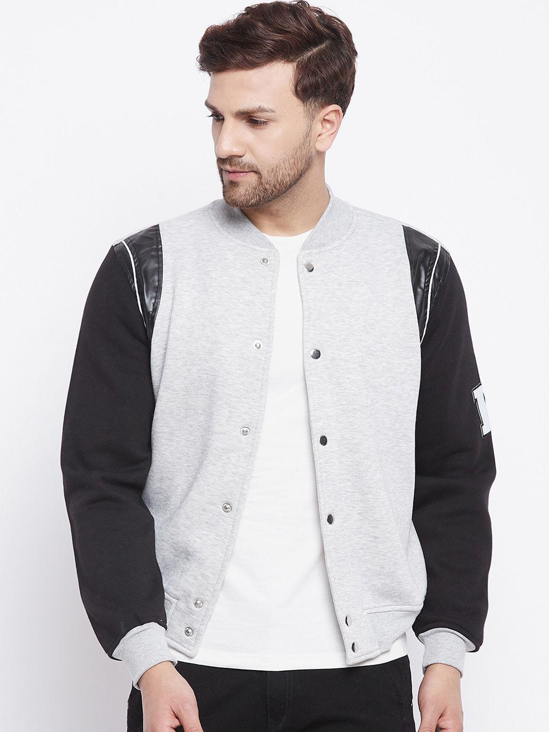 fugazee men grey colourblocked fleece varsity jacket