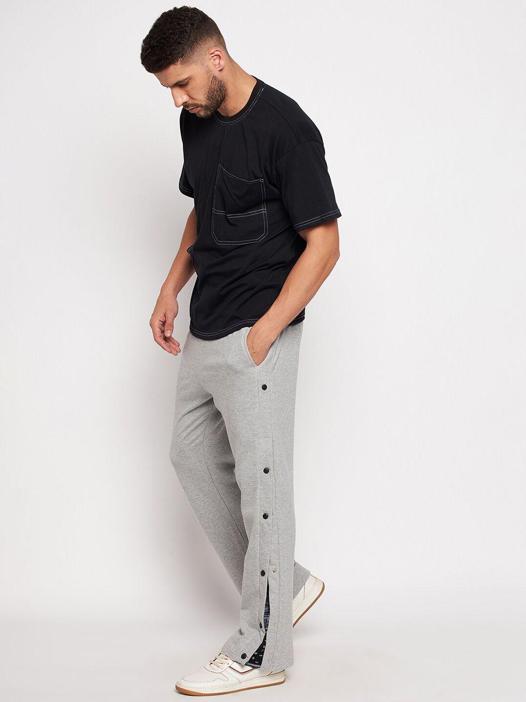 fugazee men grey solid flared snapbutton pure cotton joggers