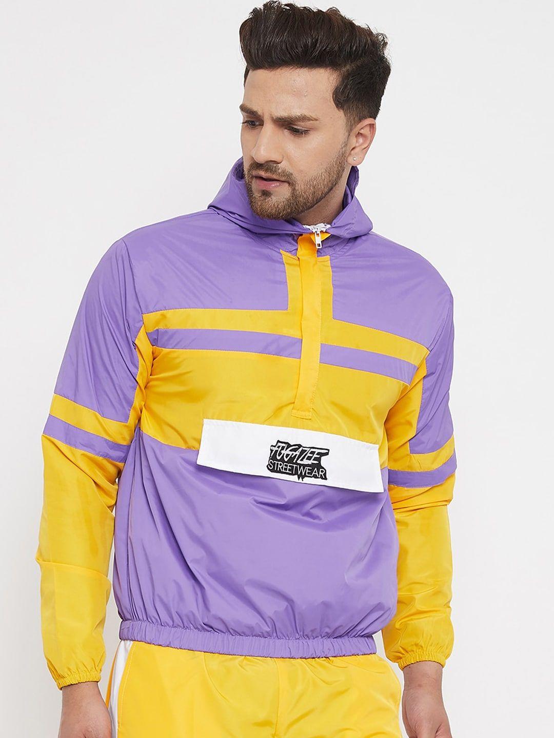 fugazee men lavender & yellow colourblocked lightweight bomber jacket