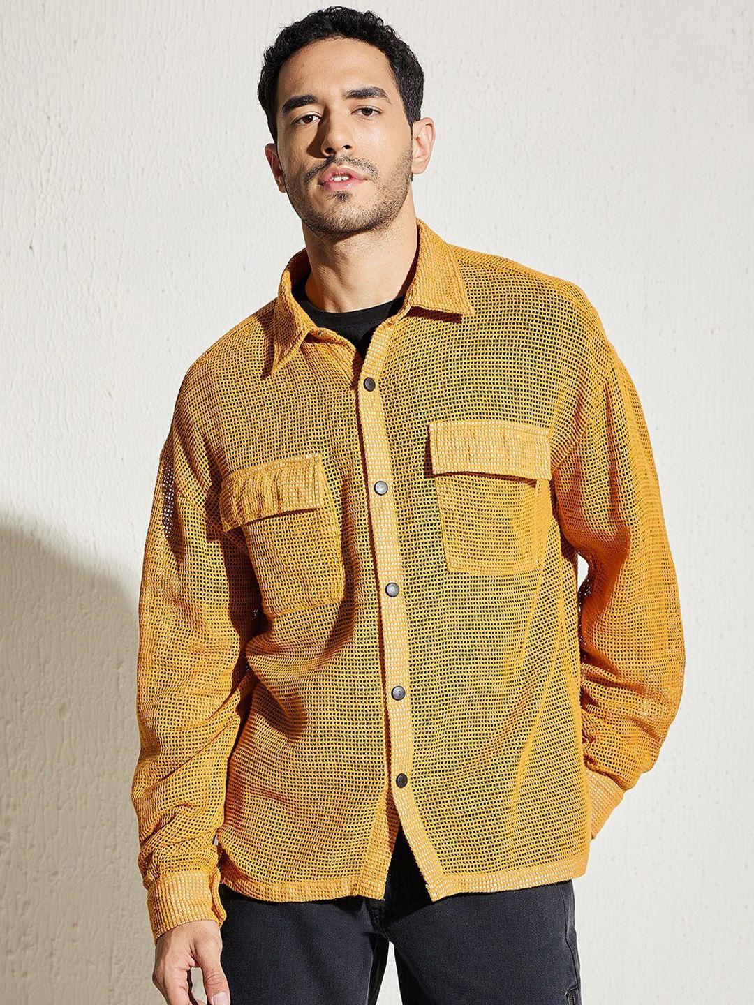 fugazee men mustard relaxed oversized lace sheer cotton casual shirt