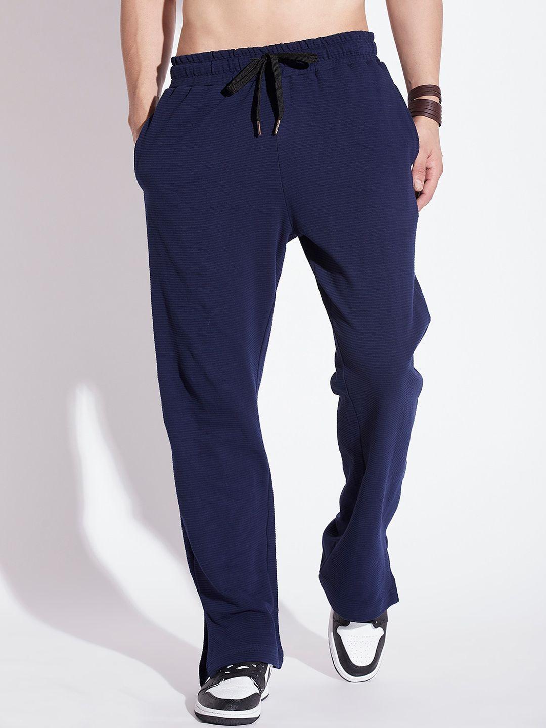 fugazee men navy blue relaxed loose fit textured cotton easy wash trousers