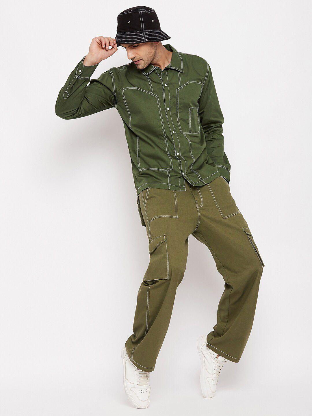 fugazee men olive green relaxed boxy pure cotton casual shirt