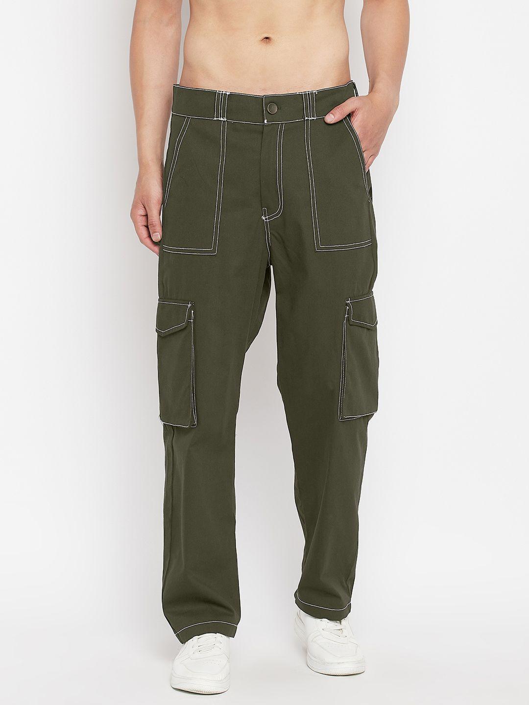 fugazee men olive green relaxed loose fit cargos trousers